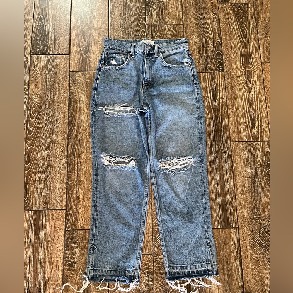We the free Mom distressed straight medium wash jean